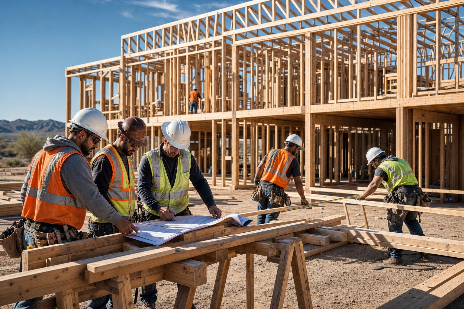 Commercial framing crew reviewing plans and building a large Arizona wood-frame project